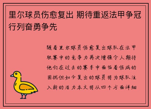 里尔球员伤愈复出 期待重返法甲争冠行列奋勇争先