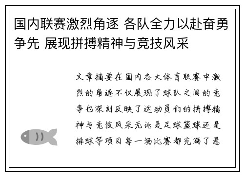 国内联赛激烈角逐 各队全力以赴奋勇争先 展现拼搏精神与竞技风采