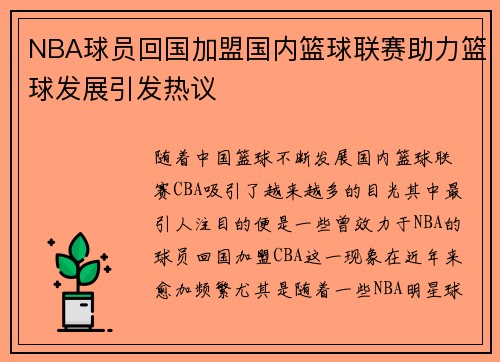 NBA球员回国加盟国内篮球联赛助力篮球发展引发热议