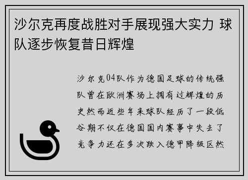 沙尔克再度战胜对手展现强大实力 球队逐步恢复昔日辉煌