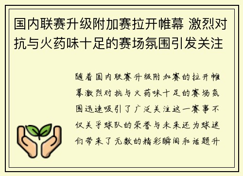 国内联赛升级附加赛拉开帷幕 激烈对抗与火药味十足的赛场氛围引发关注