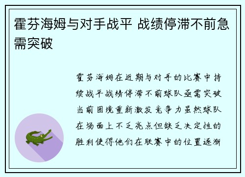 霍芬海姆与对手战平 战绩停滞不前急需突破