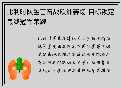 比利时队誓言奋战欧洲赛场 目标锁定最终冠军荣耀