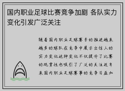 国内职业足球比赛竞争加剧 各队实力变化引发广泛关注