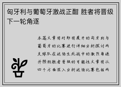 匈牙利与葡萄牙激战正酣 胜者将晋级下一轮角逐