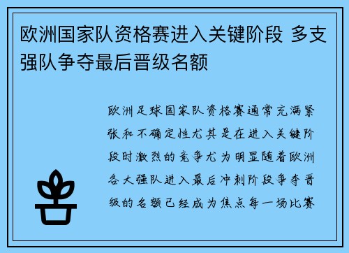 欧洲国家队资格赛进入关键阶段 多支强队争夺最后晋级名额