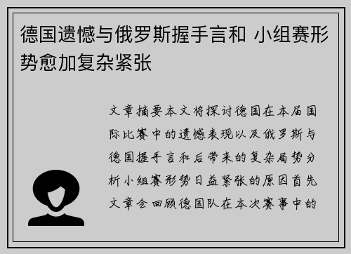 德国遗憾与俄罗斯握手言和 小组赛形势愈加复杂紧张