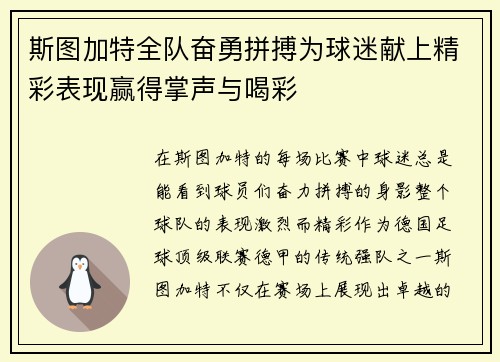 斯图加特全队奋勇拼搏为球迷献上精彩表现赢得掌声与喝彩