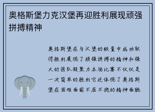 奥格斯堡力克汉堡再迎胜利展现顽强拼搏精神