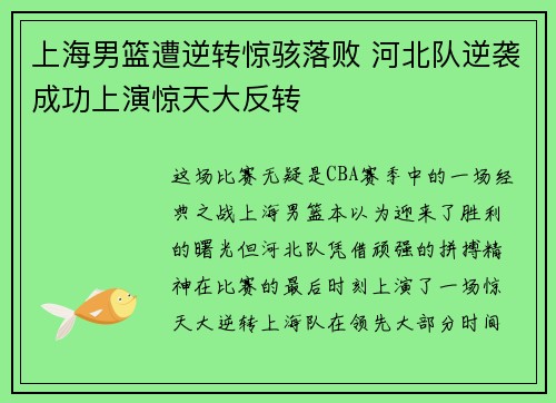 上海男篮遭逆转惊骇落败 河北队逆袭成功上演惊天大反转