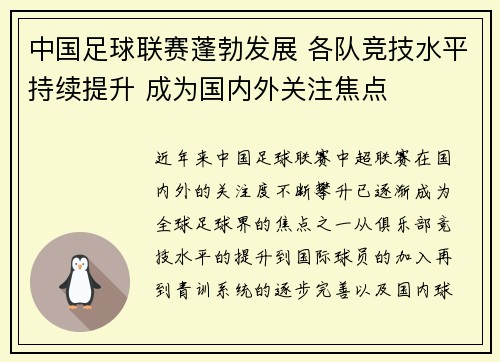 中国足球联赛蓬勃发展 各队竞技水平持续提升 成为国内外关注焦点