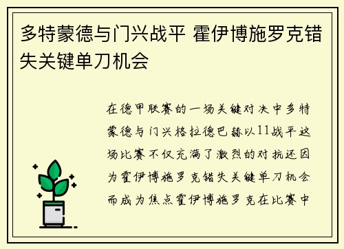 多特蒙德与门兴战平 霍伊博施罗克错失关键单刀机会